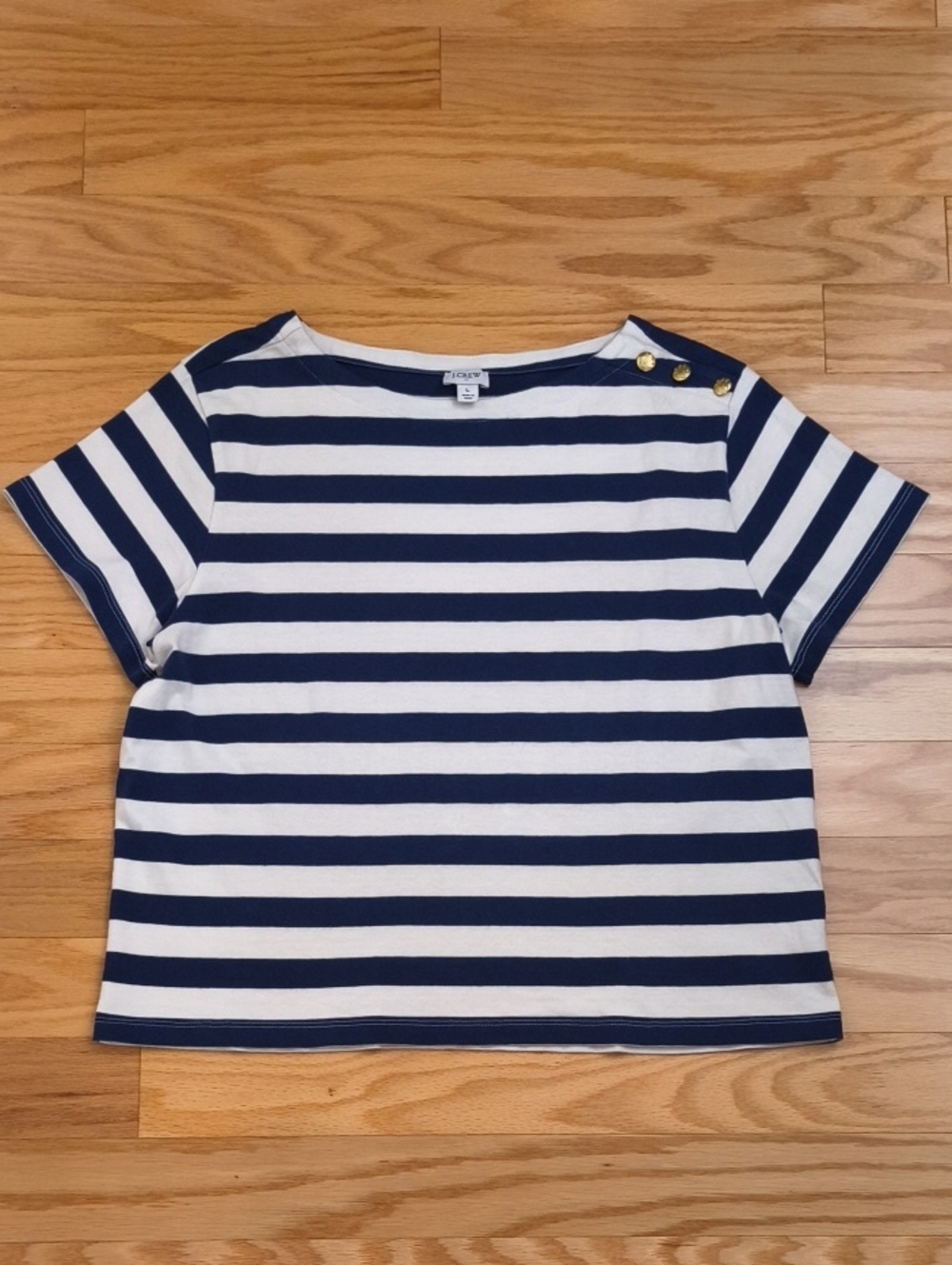 J. Crew Navy & White Striped Short Sleeve Top w/ Gold Buttons Size L GU